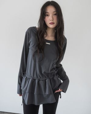DOUBLE FRILL L/S TEE(CHARCOAL)