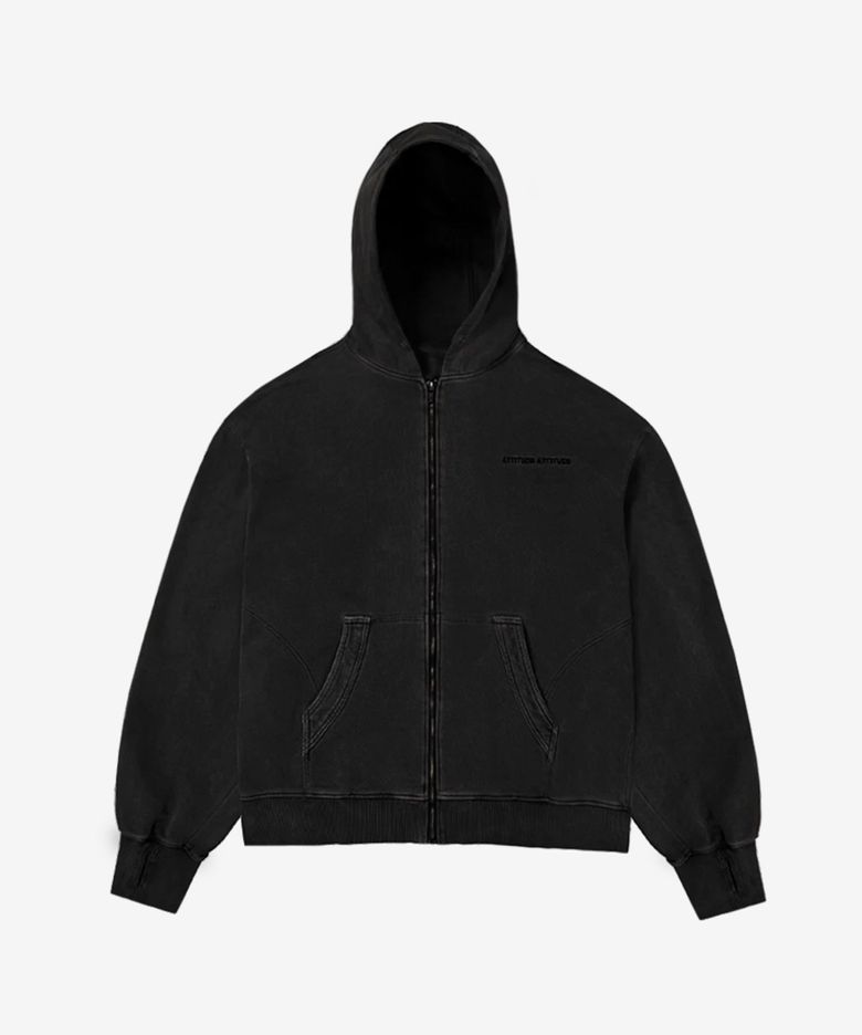 AA Curved Garment Dyeing Sweat Hoodie Zip-up Black