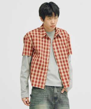 [크롭 롱 슬리브 추가] 미니체크 크롭 셔츠 (레드)
