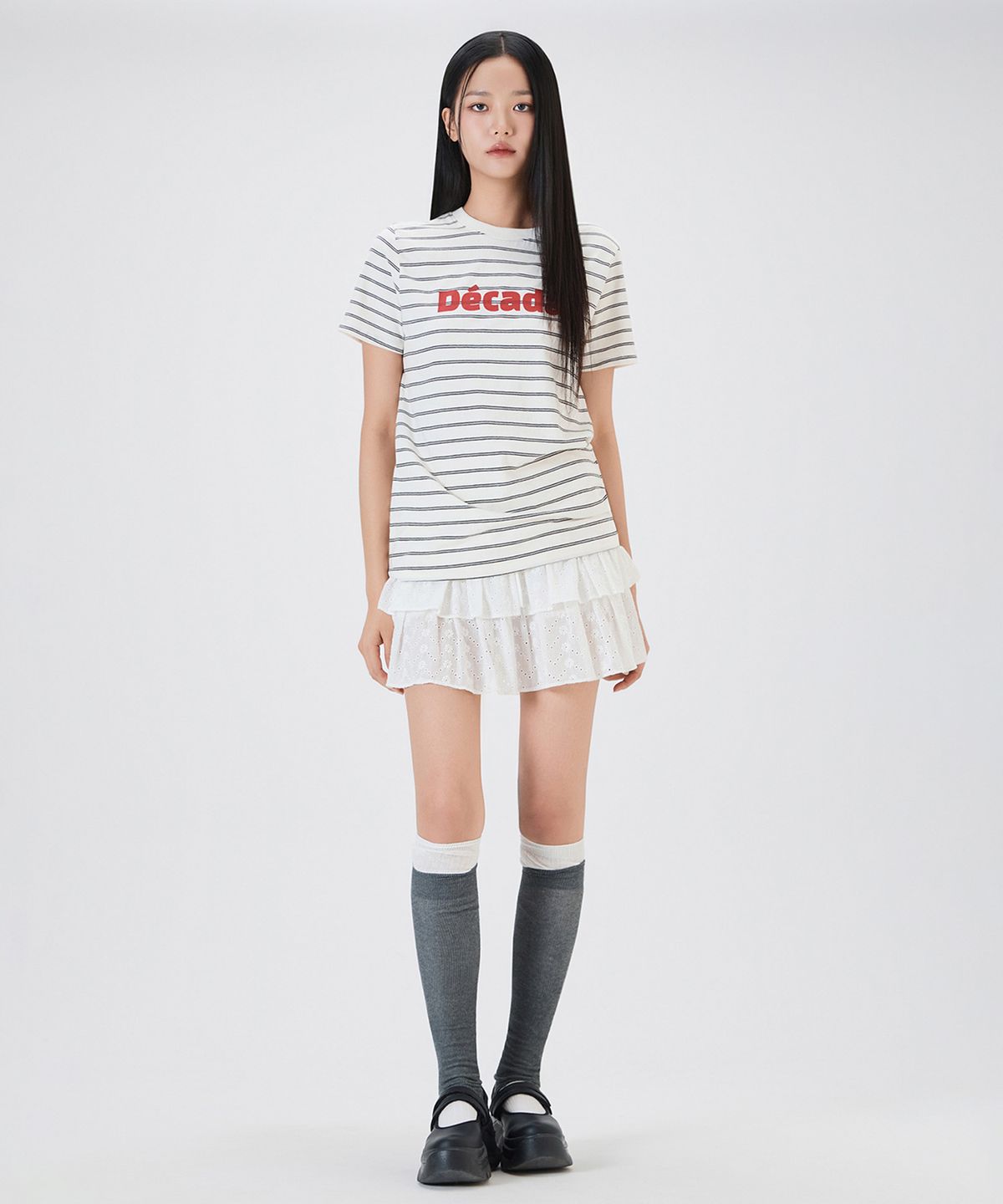미쏘(MIXXO) 스트라이프 레터 반팔 티셔츠_MIWHWG311A