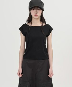 W 보트넥 하프 슬리브 티셔츠 (BLACK)