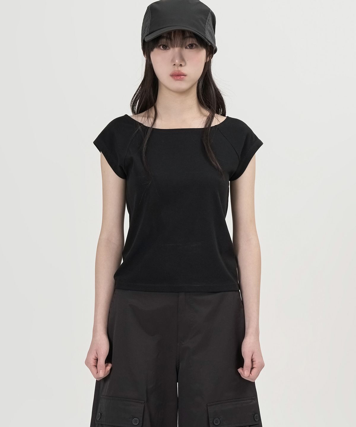 토피 우먼(TOFFEE WOMEN) W 보트넥 하프 슬리브 티셔츠 (BLACK)