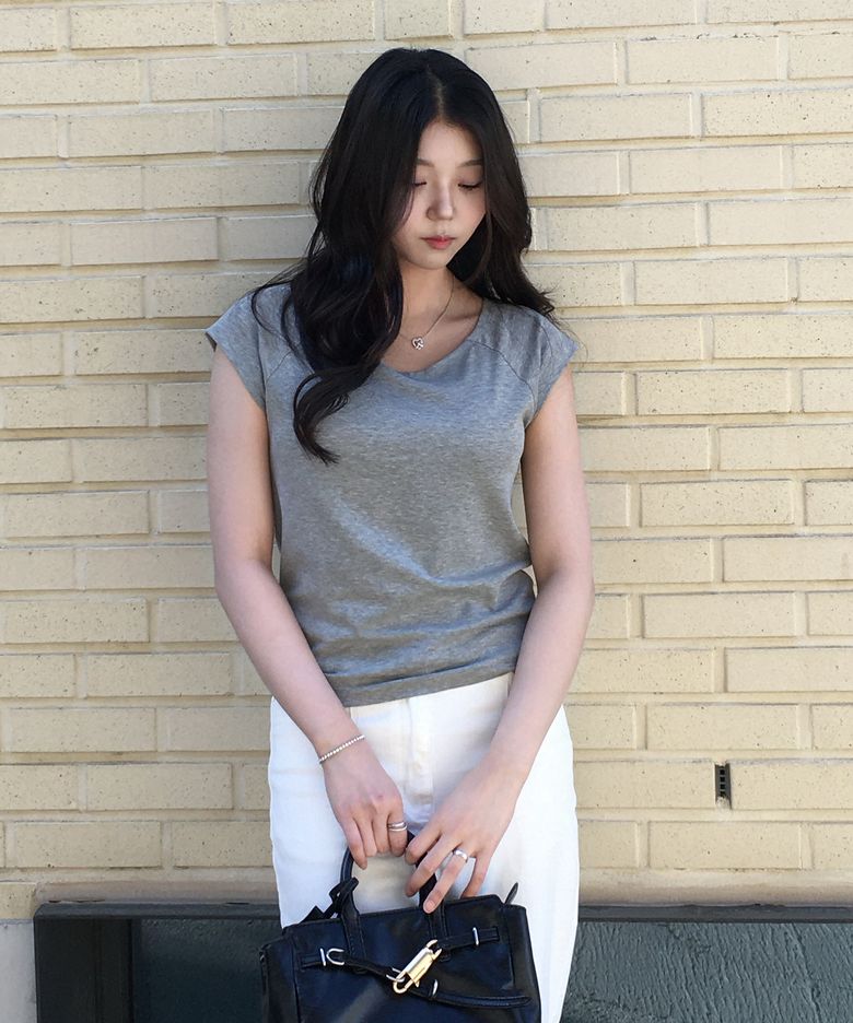 W 보트넥 하프 슬리브 티셔츠 (GREY)