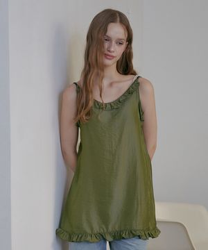 새틴 러플 레이어드 원피스-올리브