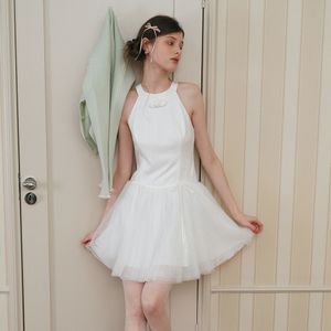 Cest_Mesh layer halter neck dress