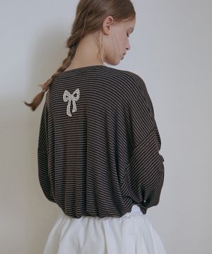 리본 스트라이프 티셔츠-브라운
