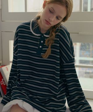 레이스카라 스트라이프 티셔츠-네이비