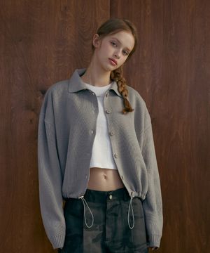 스트링 카라 니트블루종-라이트 그레이