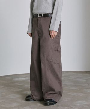 코튼 커브드 카고 와이드 팬츠 - 카키브라운
