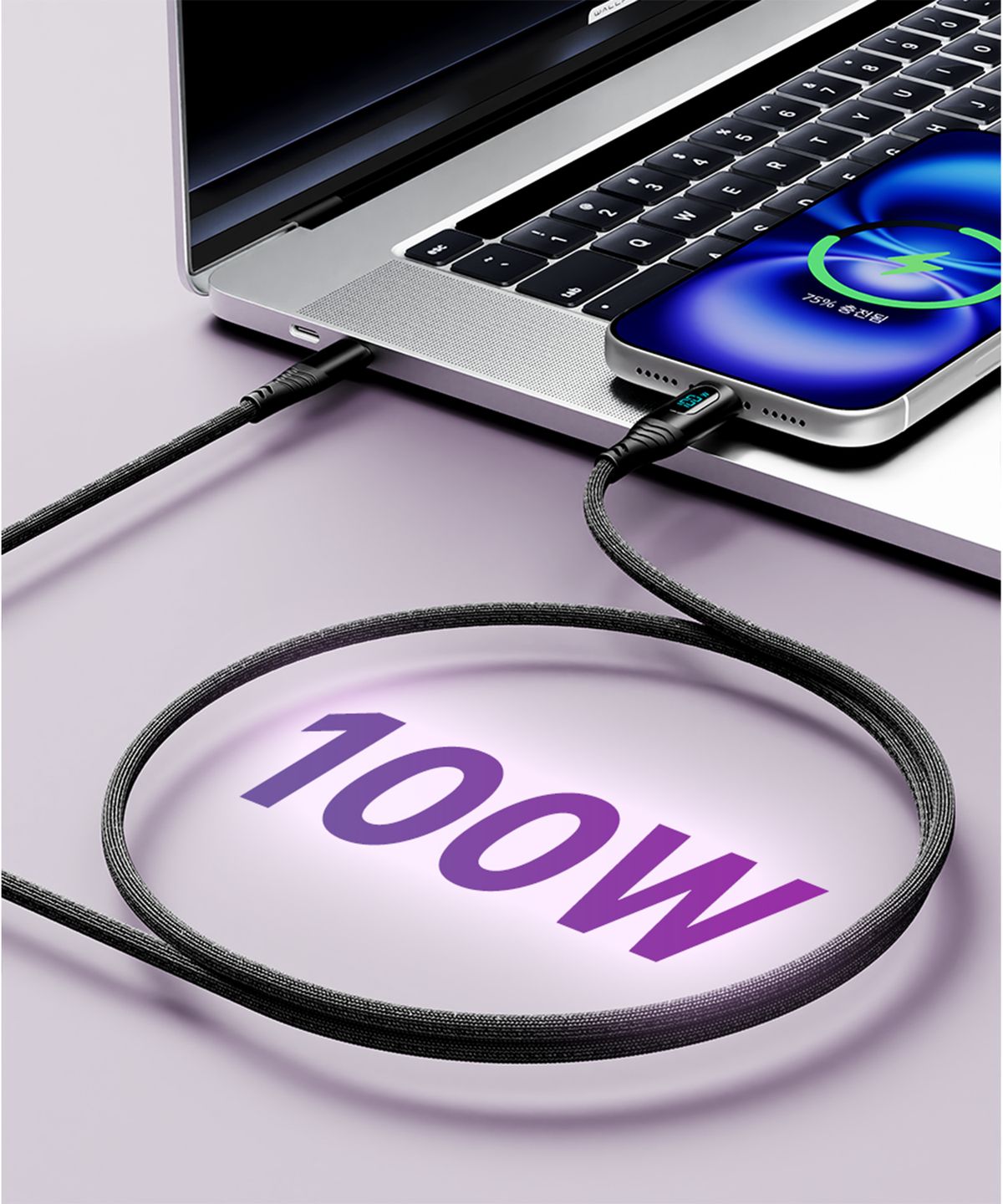 누아트(NUART) [초고속 충전] PD충전 100W LCD 디스플레이 출력 상태 확인 기능 C to C타입 패브릭 케이블