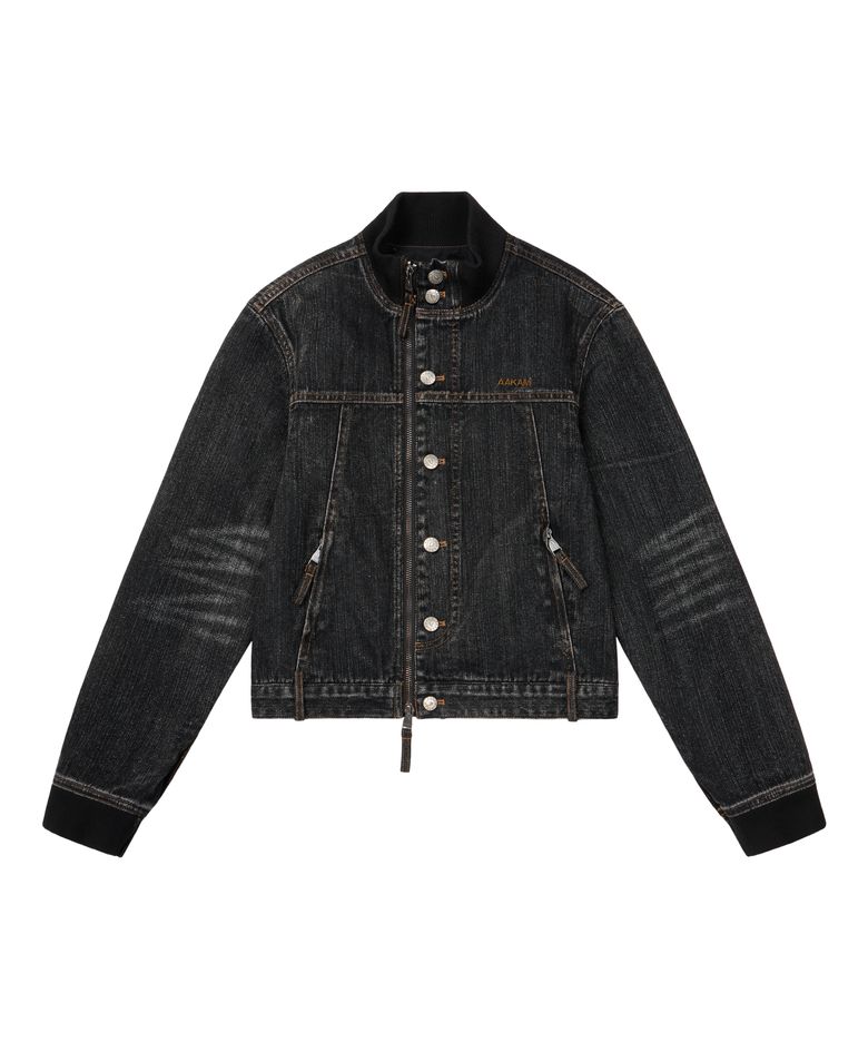 Ribbed Denim Zip-Up Jacket (Black)