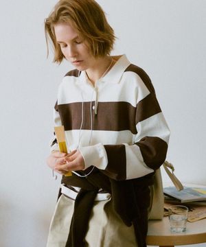 코튼 럭비 스트라이프 풀오버 브라운