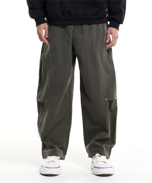 와이드 절개 리벳 포인트 밴딩 팬츠 카키
