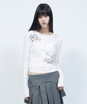 레터링 그래픽 와플 헨리넥 긴팔 티셔츠 IVORY