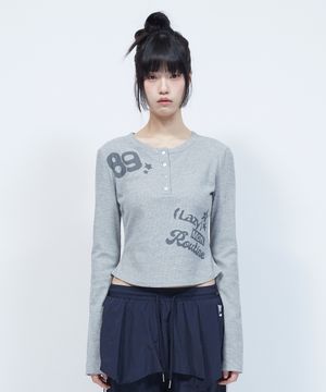 레터링 그래픽 와플 헨리넥 긴팔 티셔츠 GREY