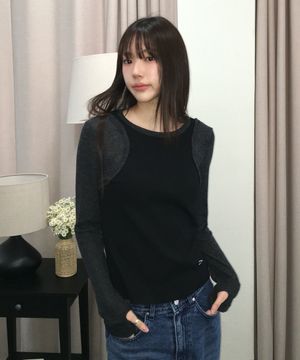 슬림 골지 레이어드 긴팔 티셔츠 BLACK