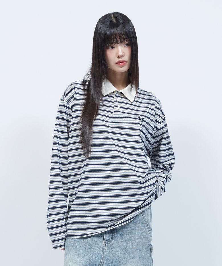 멀티 스트라이프 카라 긴팔 티셔츠 NAVY