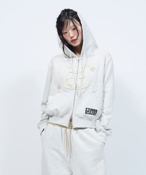 캣 심볼 패치워크 크롭 후드 집업 OATMEAL