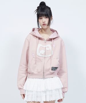 캣 심볼 패치워크 크롭 후드 집업 PINK
