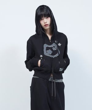 캣 심볼 패치워크 크롭 후드 집업 BLACK