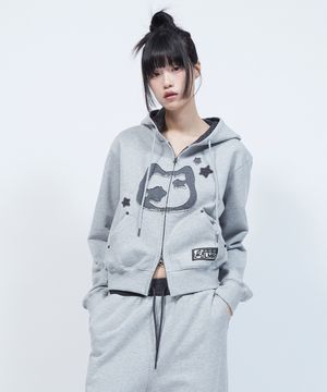 캣 심볼 패치워크 크롭 후드 집업 GREY