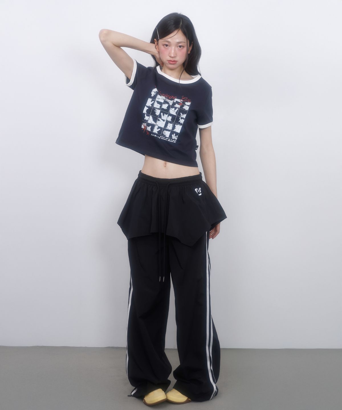 엘엠알(LMR) 레이어드 트랙 나일론 스커트 팬츠 BLACK