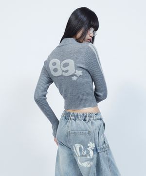 헤어리 레터링 트랙 크롭 니트 집업 GREY