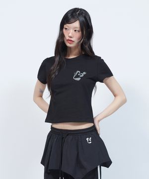 빈티지 플로럴 로고 슬림 반팔 티셔츠 BLACK