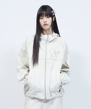 아플리케 플로럴 로고 체크 배색 후드 자켓 LIGHT BEIGE