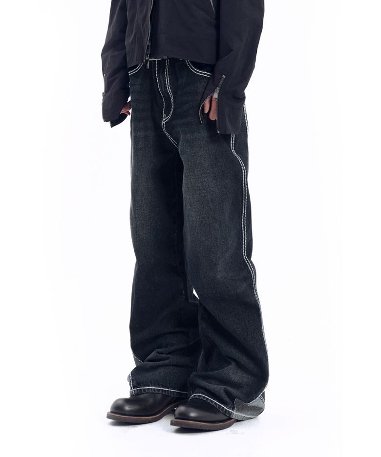 Stitched Flare Denim Pants (Black)