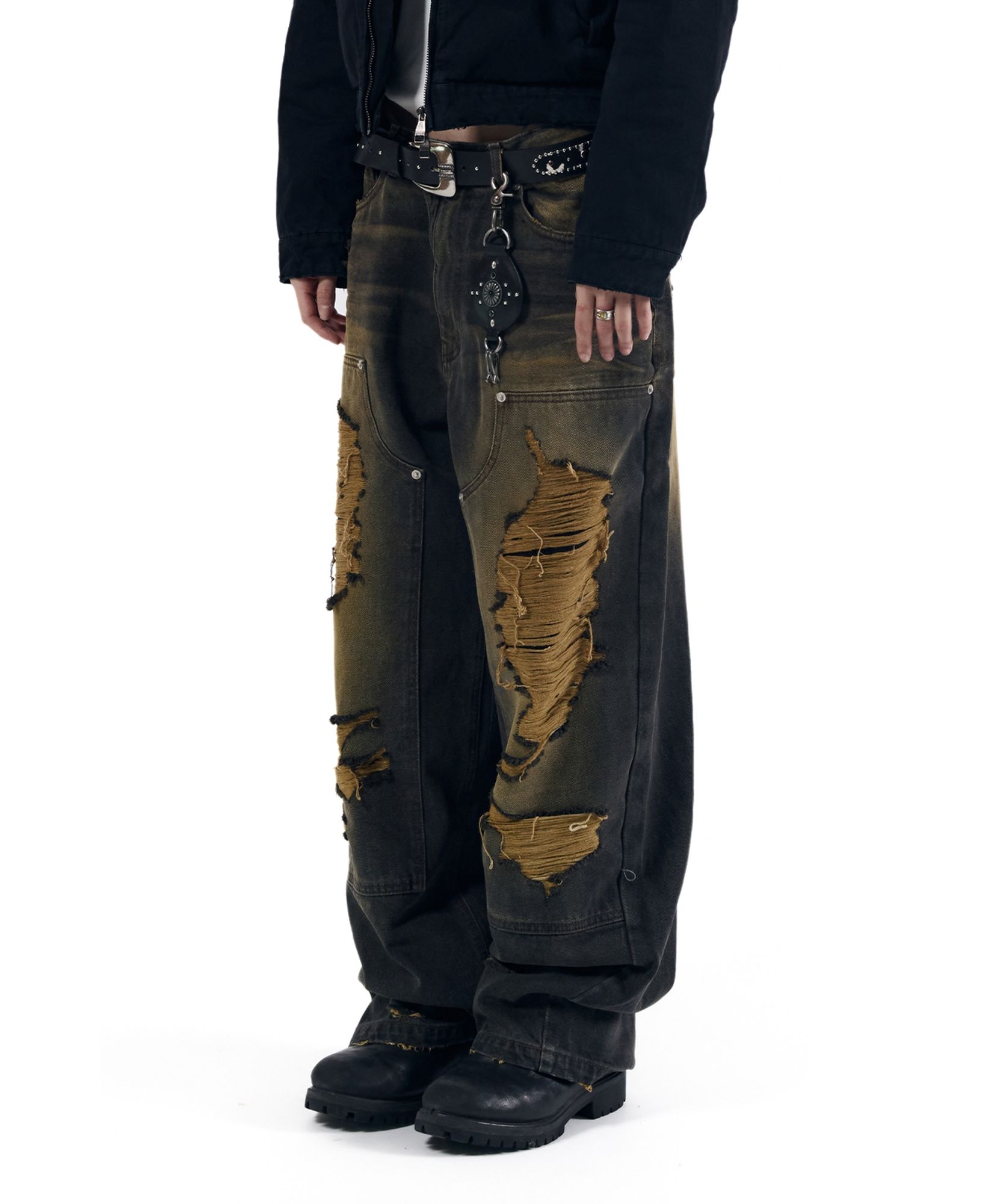 MUSINSA公式 | AAKAM Destroyed Double Knee Denim Pants (Brown)