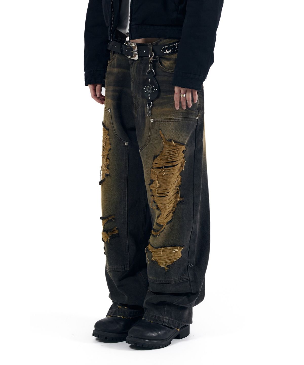 아캄(AAKAM) Destroyed Double Knee Denim Pants (Brown)