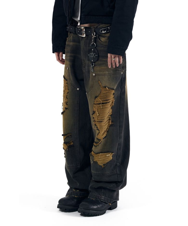 Destroyed Double Knee Denim Pants (Brown)