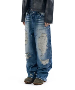 Destroyed Double Knee Denim Pants (Blue)