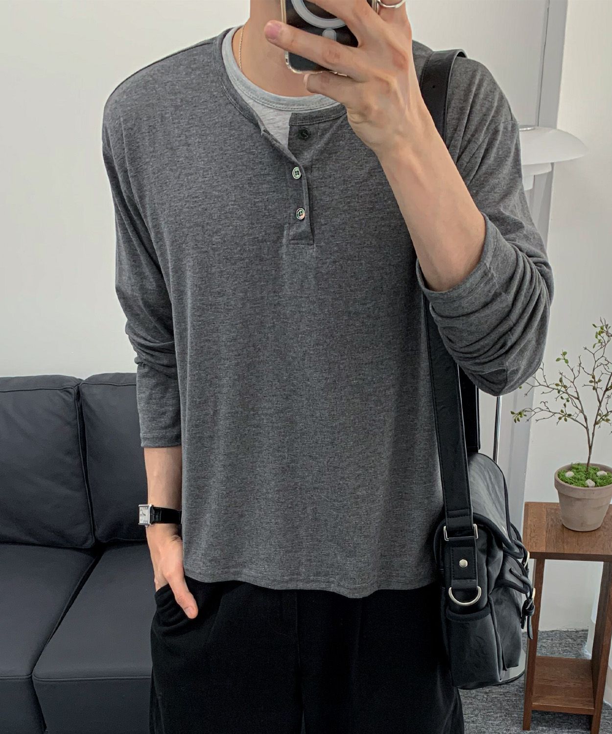 MUSINSA公式 | LEIRE ソフトヘンリーネックロングスリーブTシャツ