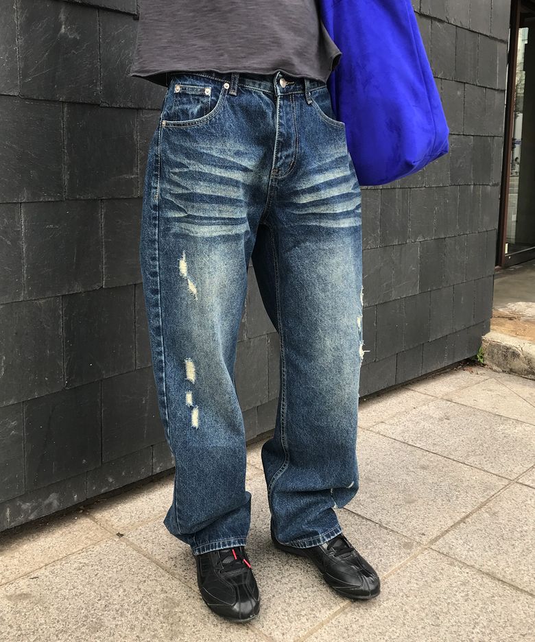 커브드 워싱 데미지 데님 팬츠 [딥블루]