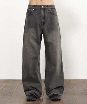러프 웨이브 와이드 데님 팬츠 [빈티지 라이트 블랙]