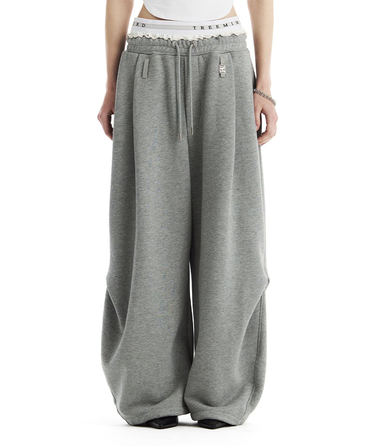 트리밍버드(TREEMINGBIRD) Double Waist Sagging Sweat Pants [ Melange Gray ]