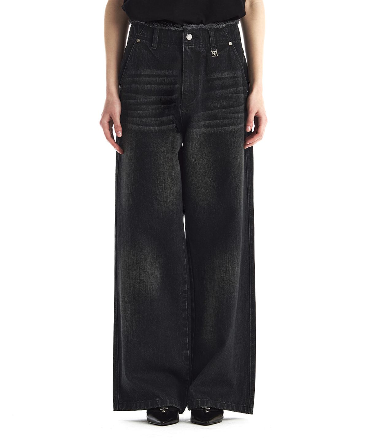 트리밍버드(TREEMINGBIRD) Raw Cut Belt-Line Brushed Denim Pants [ Black ]