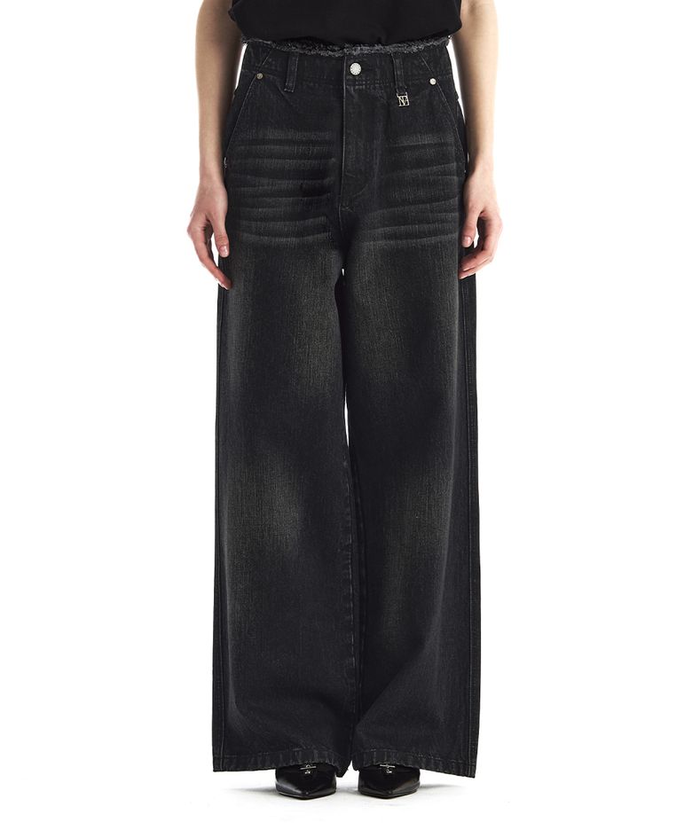 Raw Cut Belt-Line Brushed Denim Pants [ Black ]