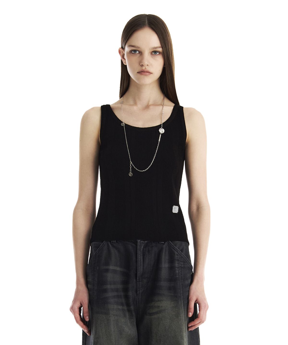 트리밍버드(TREEMINGBIRD) Essential Ribbed Knit Sleeveless Top [ Black ]