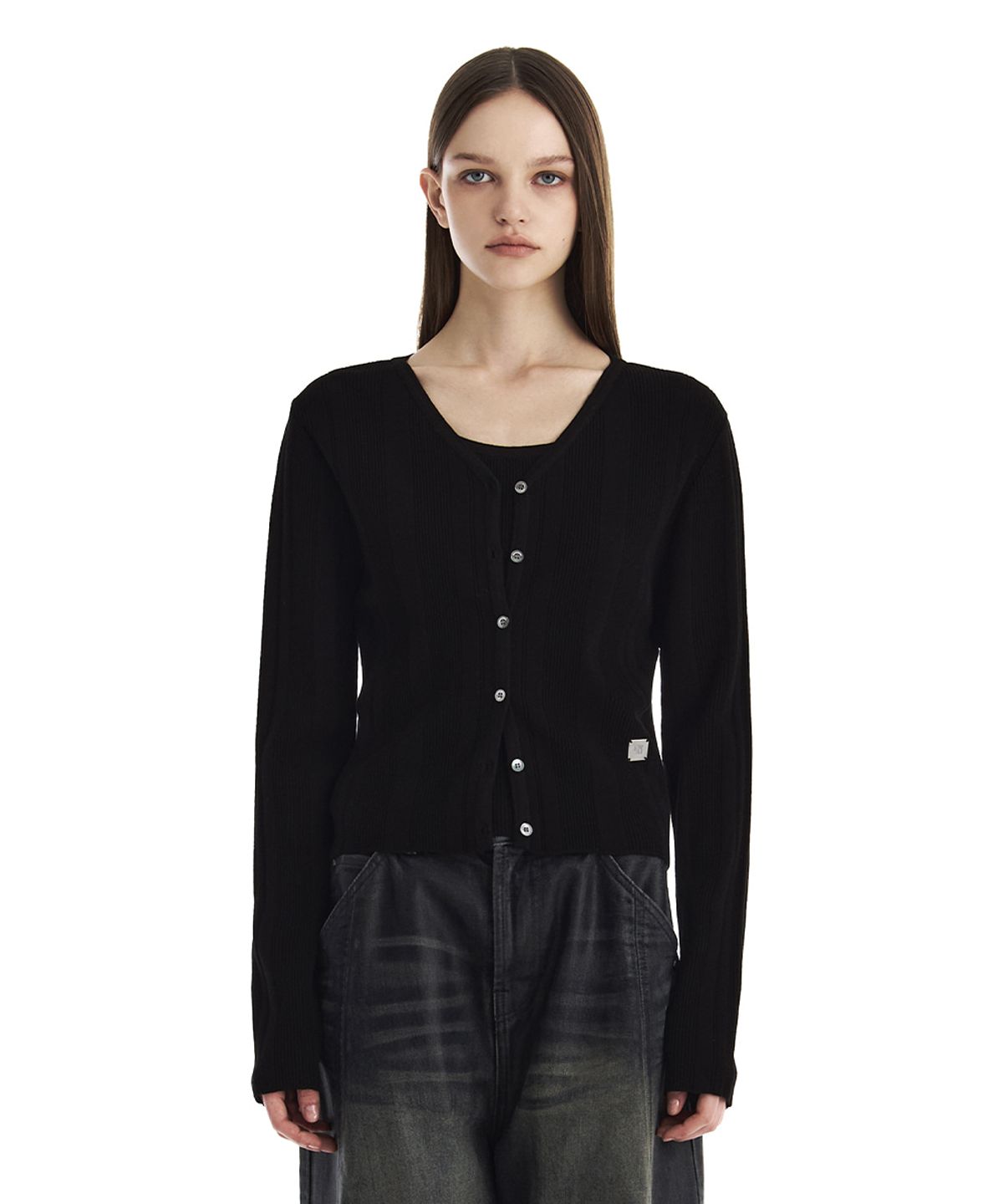 트리밍버드(TREEMINGBIRD) Essential Ribbed V-Neck Knit Cardigan [ Black ]