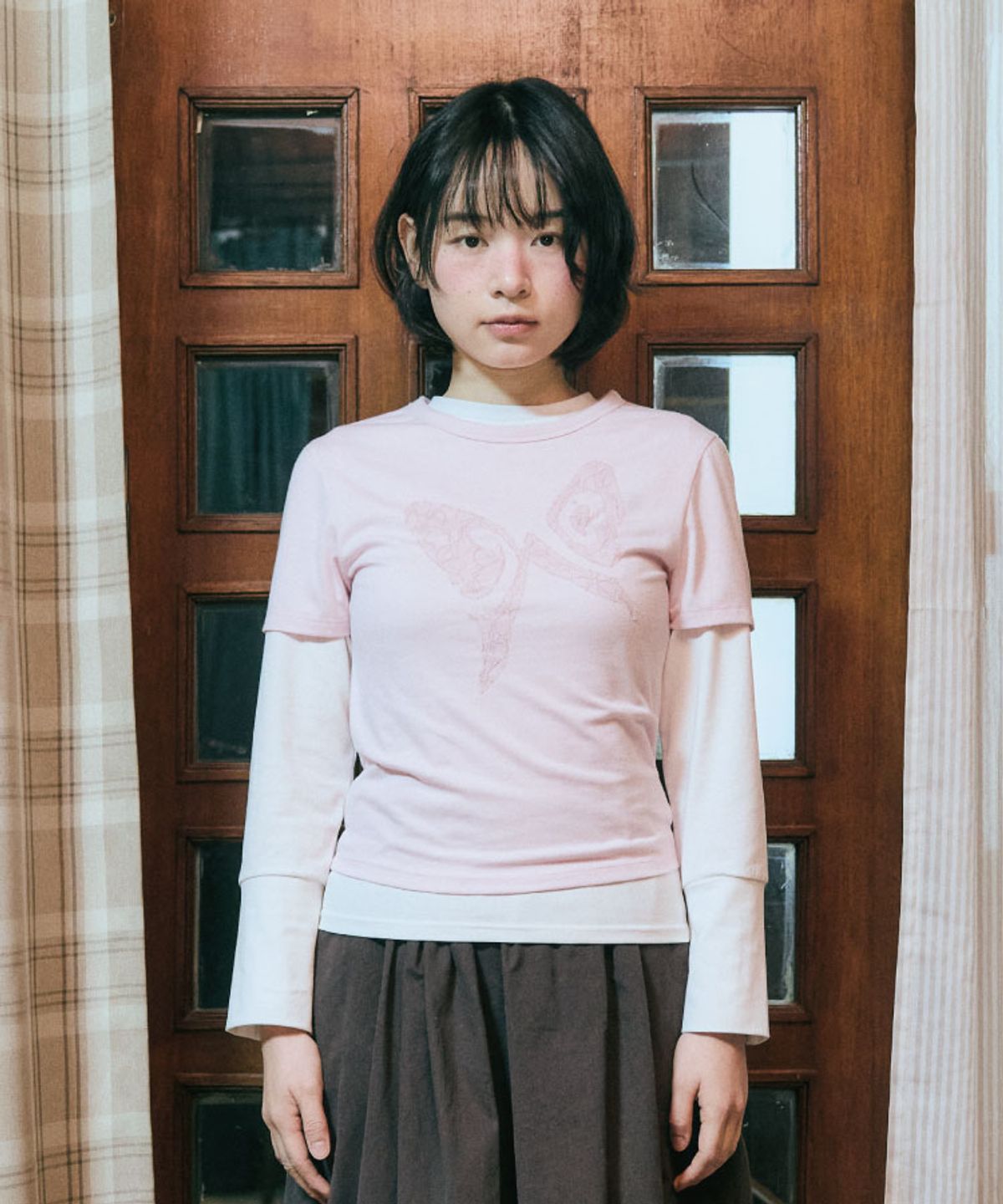 구월십일(GUWOLSIBIL) LACE PATCH SHORT-SLEEVED TOP PINK