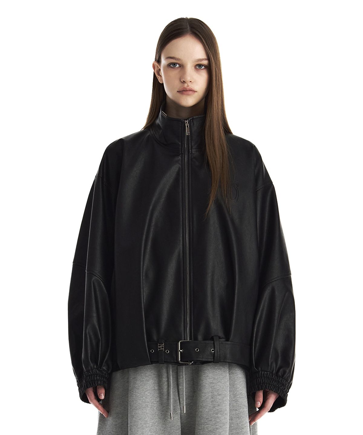 트리밍버드(TREEMINGBIRD) Belted Oversized Leather Blouson [ Black ]