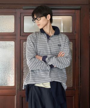 멀티 스트라이프 카라 롱슬리브 네이비