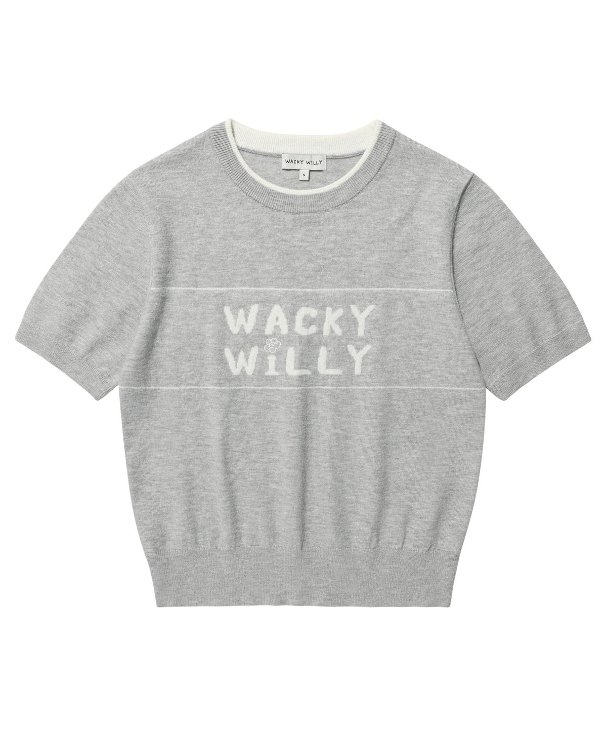 와키윌리(WACKY WILLY) 우먼스 타이포 그래픽 배색 반팔 니트 그레이
