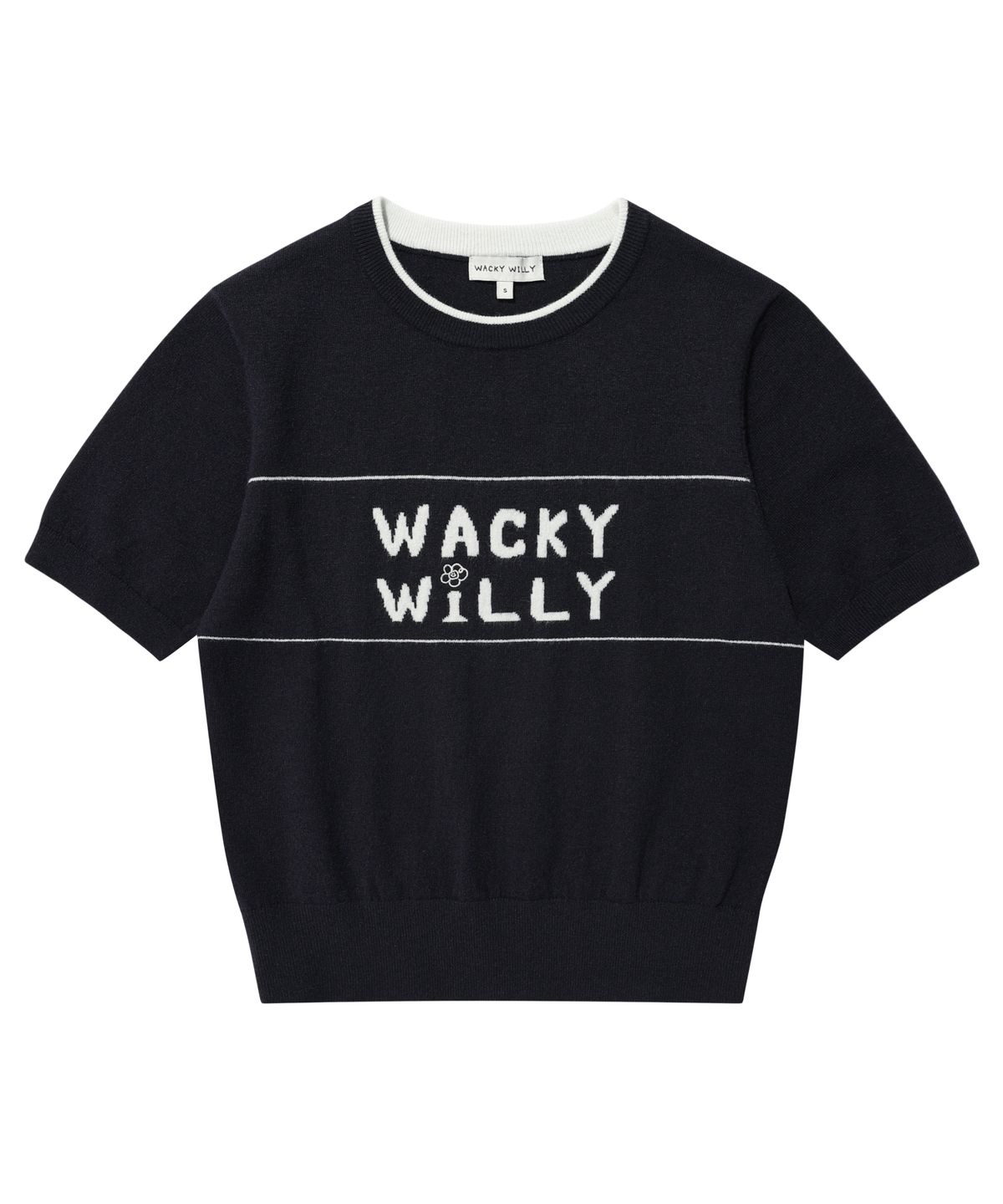 와키윌리(WACKY WILLY) 우먼스 타이포 그래픽 배색 반팔 니트 네이비