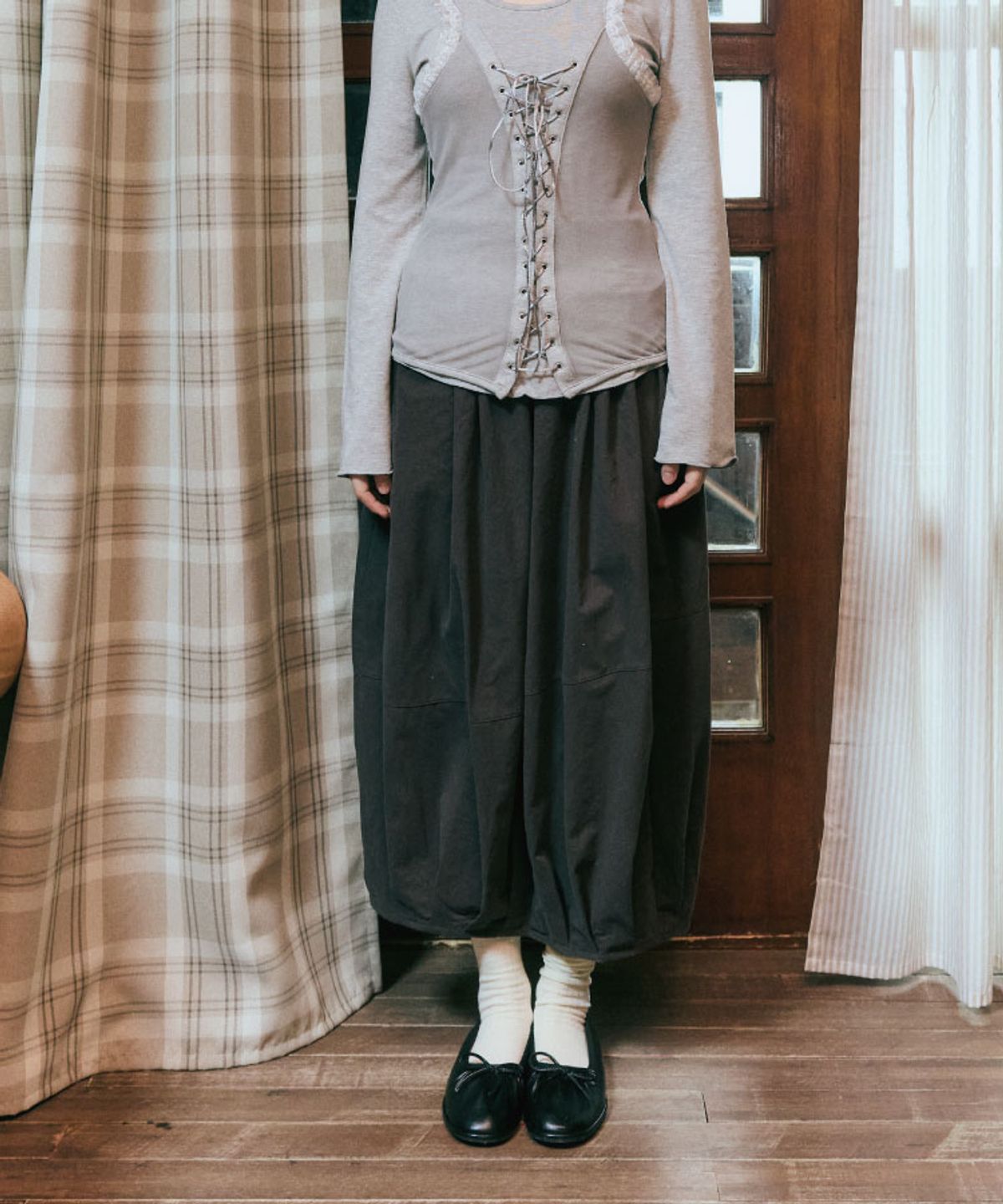 구월십일(GUWOLSIBIL) COTTON BANDING PUMP SKIRT DARK BROWN