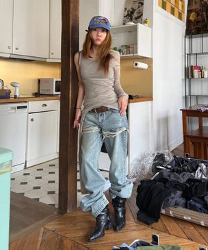 LAYERED SEMI BOOTSCUT DENIM PANTS IN LIGHT BLUE