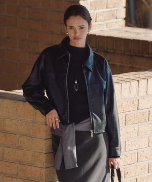 [우먼] 신세틱 레더 세미 크롭 자켓 COWJK001LEBLACK